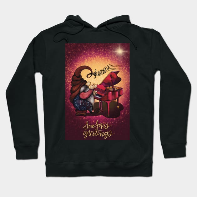 Cute Christmas greeting card with hippie gnome playing music on the piano Hoodie by marina63